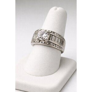 OBJ 925 Sterling Silver CZ Engagement Ring Wide Band Baguette Bridal 7.53g